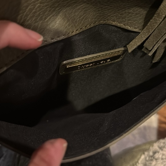 Anthropologie Street Level faux pebbled leather olive tasseled envelope clutch. - Picture 6 of 6